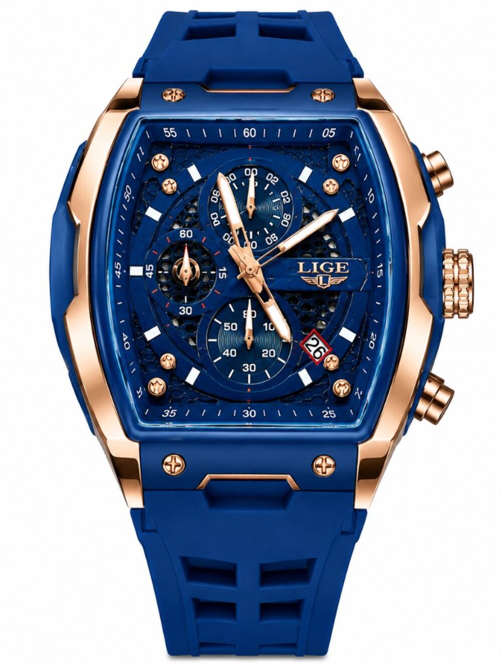 WA-23--LIGE Men's Blue Tonneau Chronograph Watch LG89148 Rose Gold Quartz Date L